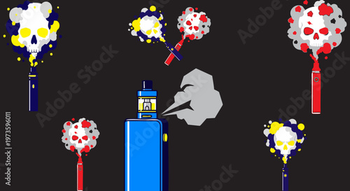 Vaping health warning vector set, electronic cigarette with skull smoke clouds, nicotine addiction concept, dangerous vape pen icons on black