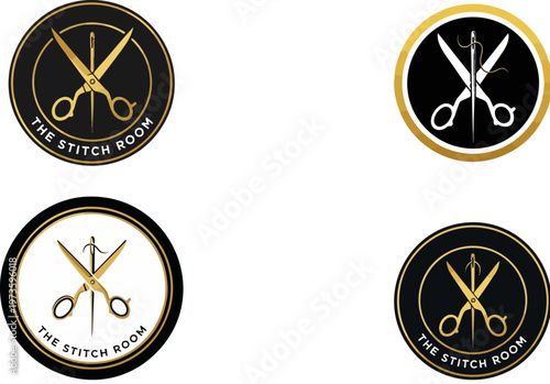 Elegant tailor logo set with scissors and needle, luxury sewing studio emblems for The Stitch Room, gold and black garment maker badges, 4 vector icons