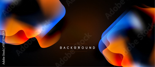 Abstract fluid shapes, vibrant colors, dark background. Modern design element, dynamic composition, gradient effect. Smooth curves create visual interest.