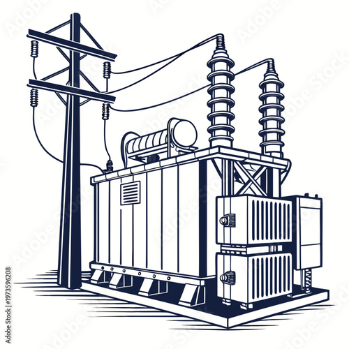 An illustrative depiction showcases a large electrical transformer with insulators wires and supporting structures against a white background high quality