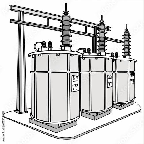 A black and white illustration depicts a series of large electrical transformers and supporting infrastructure showcasing power distribution high quality
