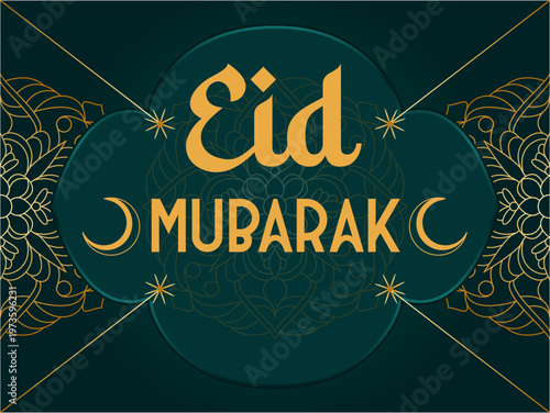 Elegant Eid Mubarak Gold Theme Background with Islamic Floral Mandala and Crescent Moon Design