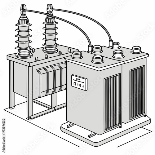 A detailed line drawing showcases an industrial electrical transformer with cooling fins and high voltage insulators high quality professional modern