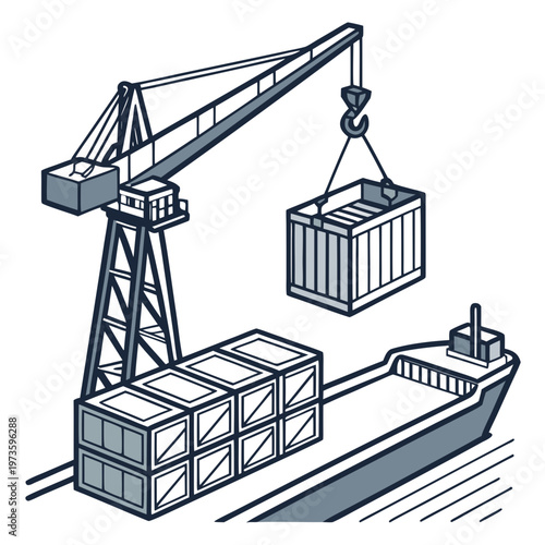 An illustrative depiction showcases a large crane lifting a shipping container onto a cargo ship loaded with other containers