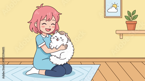 An adorable anime girl with a joyful expression interacts with her fluffy white cat in this charming flat design illustration. Perfect for themes of companionship and happiness.