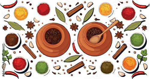 Vector Illustration of Spices, Herbs, and Seasonings in Clay Pots for Cooking and Culinary Designs