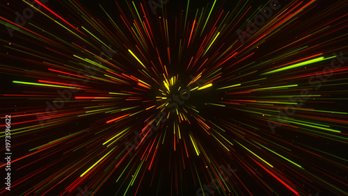 A dynamic abstraction with neon beams radiating from the center creates the effect of rapid movement through space. Suitable for technology design or graphic theme animation.