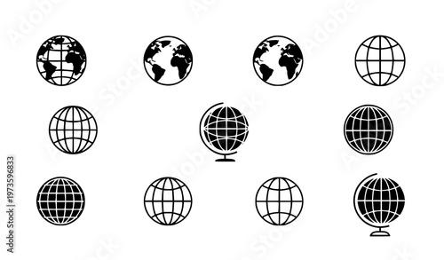 Minimal globe icons vector earth symbol set global world illustration