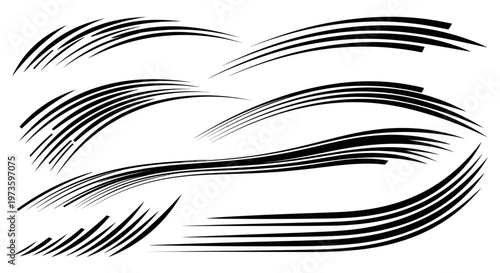 Collection of dynamic black speed lines and motion trails, representing fast movement and energy, graphic design element, isolated white background.