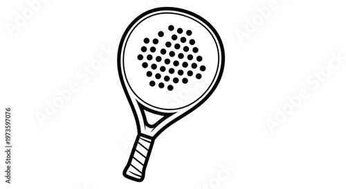 Outline drawing of a padel racket with distinctive holes, sports equipment for paddle tennis, isolated white background, ready for game.