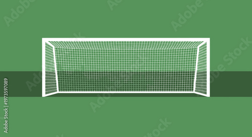Empty white soccer goal with net on a vibrant green grass football field, outdoor sports equipment, ready for play.