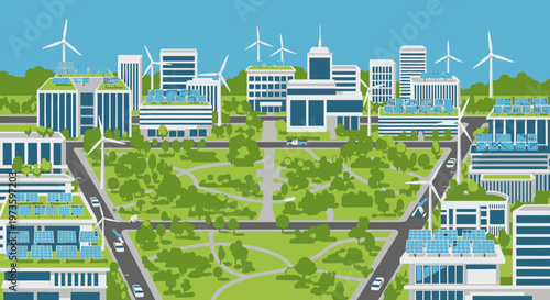 Sustainable Green City Landscape with Wind Turbines and Solar Panels from Aerial View