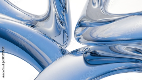 Fluid liquid blue metal shapes and spheres abstract background. 3d illustration