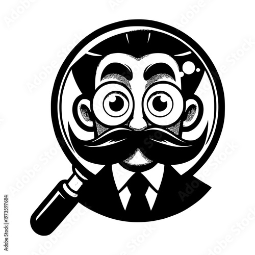 Detective's Inquiry: A detailed black and white illustration of a detective with a magnifying glass, a symbol of investigation and scrutiny.