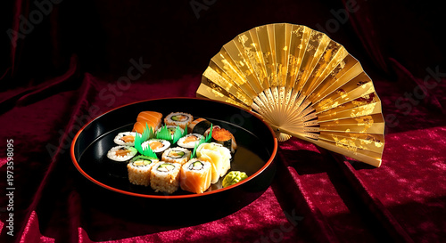 a luxury sushi gift set sushi arranged on a black lacquer tray, with a gold-leaf sensu fan placed beside it as an elegant accessory, on a background of rich, dark velvet 