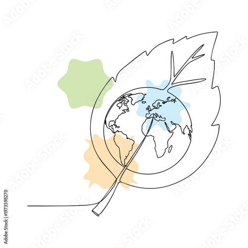 Hand drawn world map with location pin and travel route sketch