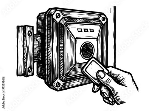 Vintage Access Control Reader Security System Engraving Illustration Black and White Line Art