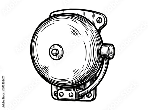 Vintage Alarm Bell Fire Safety Equipment Engraving Illustration Black and White Line Art