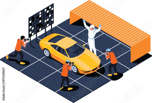 Car photoshoot scene with photographers and sports vehicle, automotive marketing concept, studio shooting, professional photography session vector illustration composition