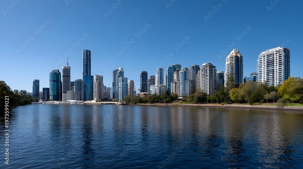 Fototapeta premium Panoramic view of a dense modern cityscape skyline rising above a calm river under a bright blue sky