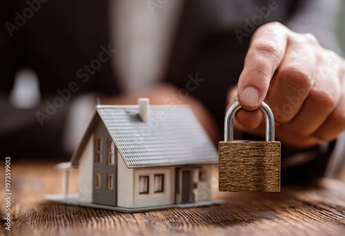 Securing Your Home - A Hand Holds a Padlock Near a Miniature House Model.