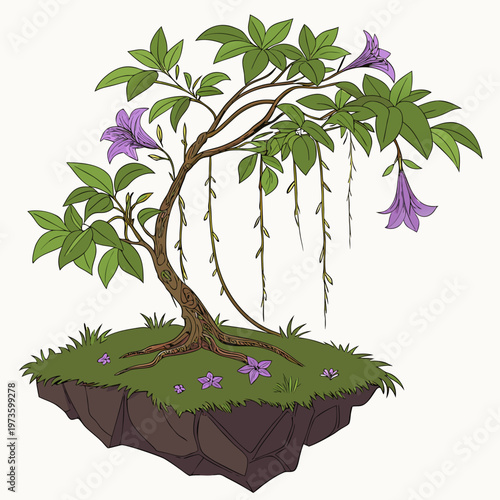 A whimsical illustration depicts a flowering tree gracefully growing atop a levitating rocky island with vibrant green foliage high quality