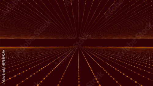 An abstract space of glowing red-orange dots arranged in perspective lines. A technological backdrop of a digital grid and a luminous horizon stretching to infinity.