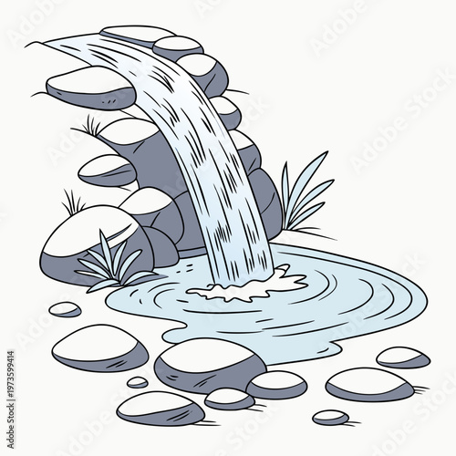 A charming line drawing depicts a small waterfall cascading over layered rocks into a tranquil pool below surrounded by simple vegetation
