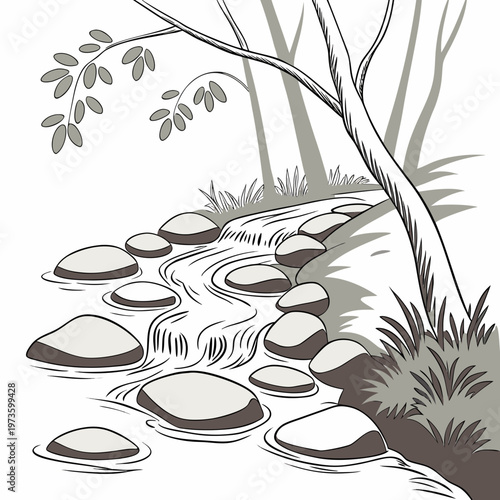 Fotografía A serene illustration depicts a winding stream flowing over stones bordered by t