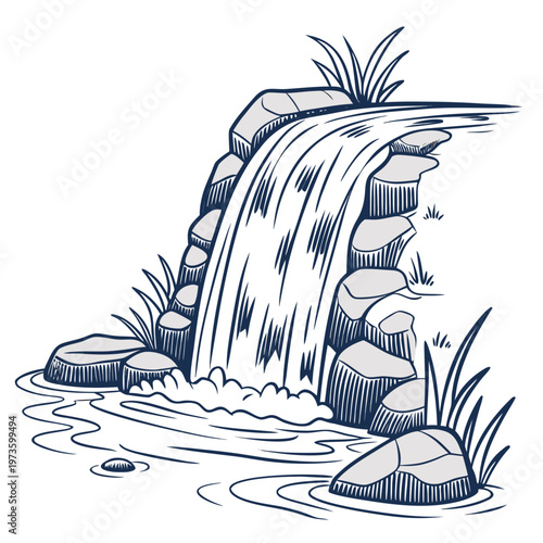 A detailed blue line art illustration depicts a small waterfall cascading over rocky formations into a tranquil pool below