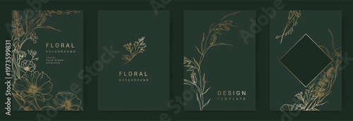 Elegant set of luxurious green backgrounds with hand drawn golden line art floral pattern. Floral frame. Vector templates for wedding invitation, greeting card, packaging, branding, design
