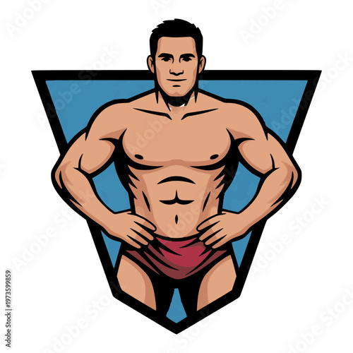 Muscular Strength Emblem: A robust figure of a bodybuilder, showcasing a physique of toned muscles and a commanding presence, personifying dedication and peak physical condition.