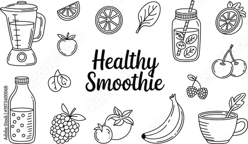 Black and white line collection featuring a blender, mason jar smoothie, banana, berries, citrus slices, spinach leaf, and tomatoes with the text healthy smoothie in the center