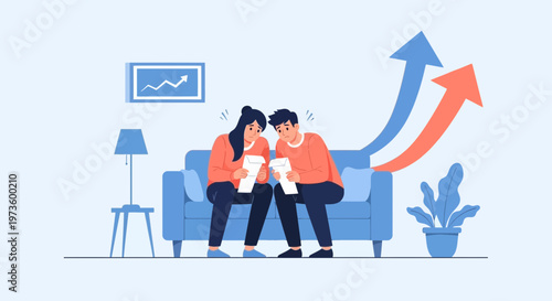Couple Sitting on Sofa Analyzing Financial Growth Charts and Reports