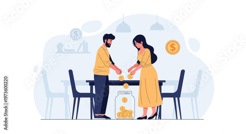 Couple saving money in a jar, financial planning, investment, home budget