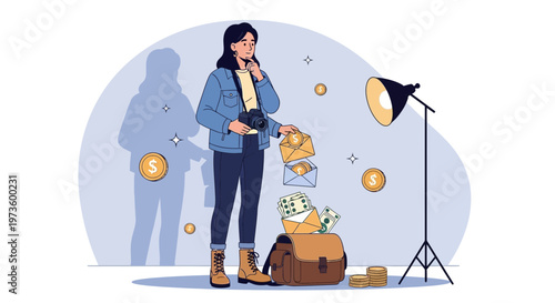 Creative photographer earning money from photography, with camera, money, and studio light