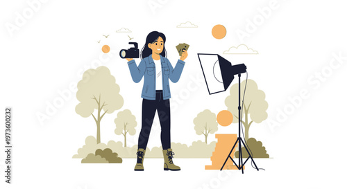 Creative Photographer with Camera and Money, Outdoor Studio Setup