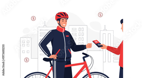 Delivery cyclist receives payment via mobile app in city