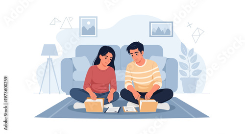 Couple Working Together on Laptops at Home, Cozy Living Room Setup
