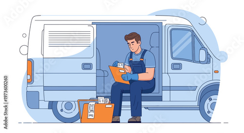 Delivery man checking documents near a van, logistics and shipping concept