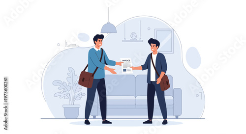 Delivery Man Hands Contract Document to Customer at Home