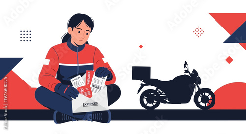 Delivery Person Organizing Packages Next to Motorcycle, Food Delivery Service Concept