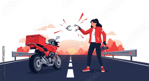 Delivery Rider Frustrated by Motorcycle Breakdowns on Road at Sunset