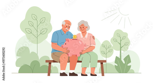 Elderly couple saving money in piggy bank on park bench, retirement planning concept