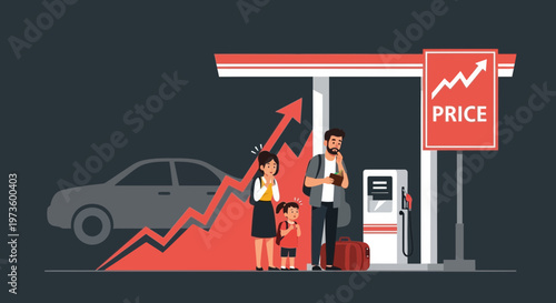 Family shocked by rising gas prices at a fuel station with a price increase graph
