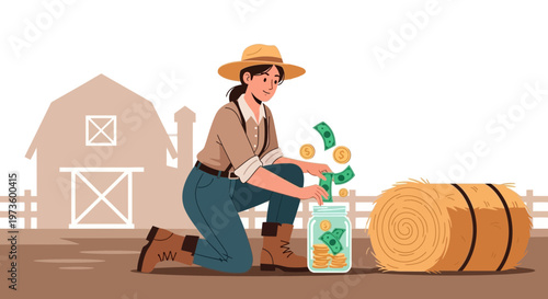 Farmer saving money in a jar with hay bale and barn background