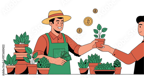 Farmer selling potted plants and coins, symbolizing investment in agriculture and growth