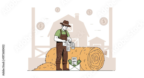 Farmer with Bills and Hay Bale, Financial Management on Farm, Agriculture Business