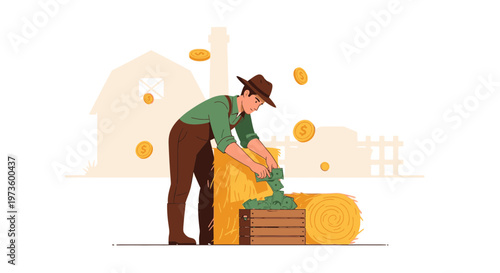 Farmer with money in hay bale, concept of agricultural income and wealth