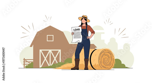 Farmer Woman Holding Loan Document Near Barn and Hay Bale, Agricultural Finance Concept